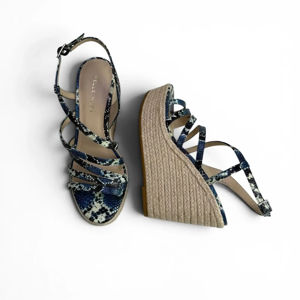 Pelle Moda Espadrille Wedge Sandals Platform Strappy Womens 6.5 M Blue Snakeskin